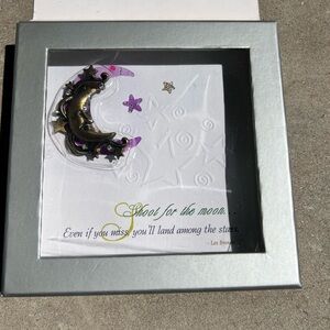 Moon and Stars Brass Tone Brooch - Purple Accents